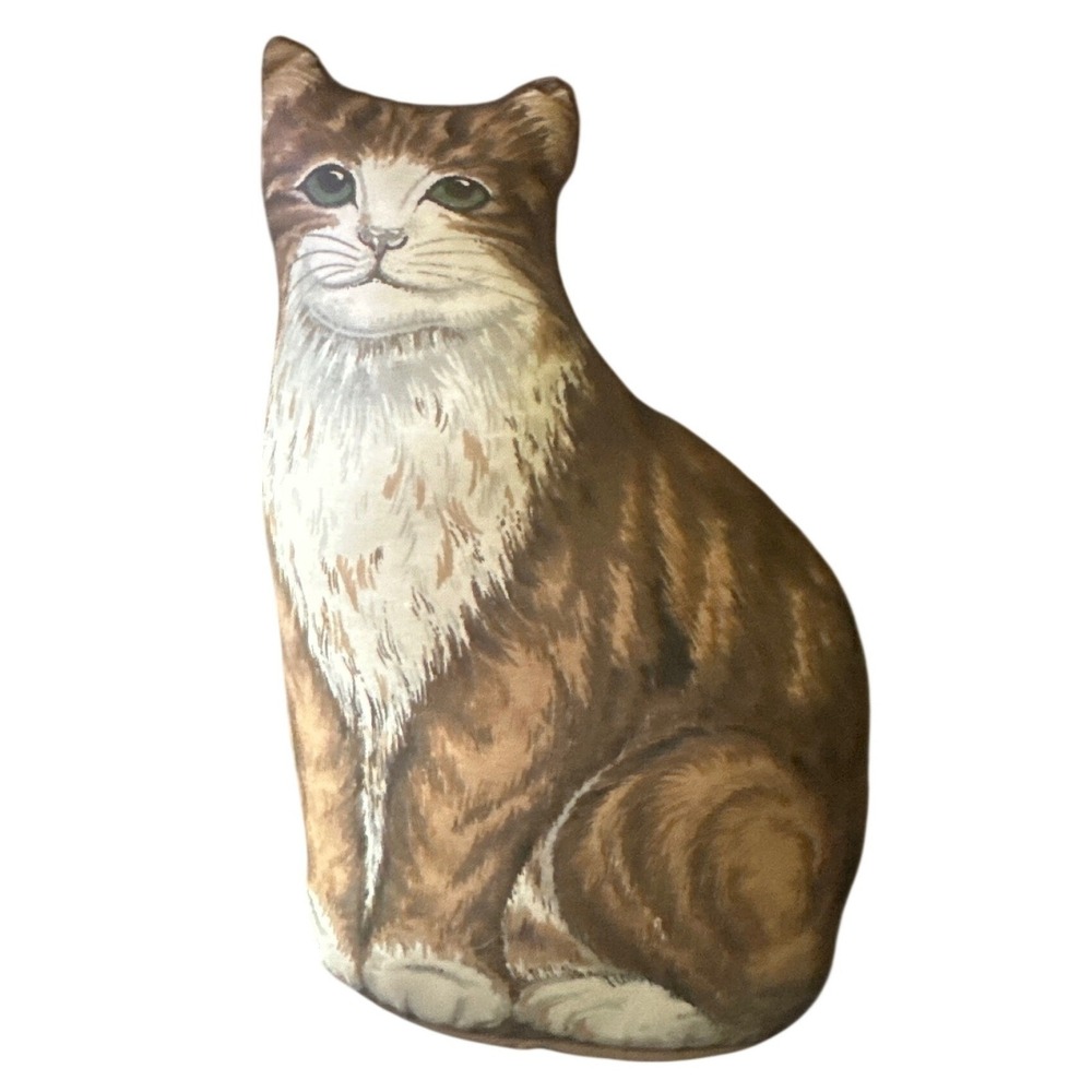 Vintage Style Screen Printed Tabby Cat Shaped Decorative Pillow Brown Plush